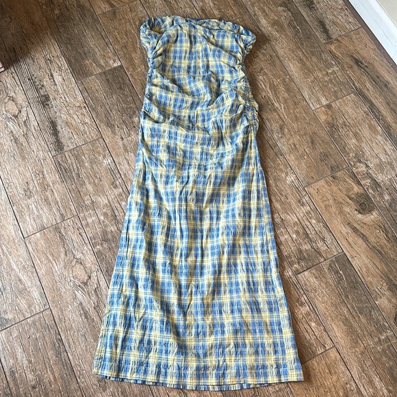 Free People Green Brandie Blue Iris Strapless Plaid Midi Dress Yellow Blue XS - Picture 6 of 7